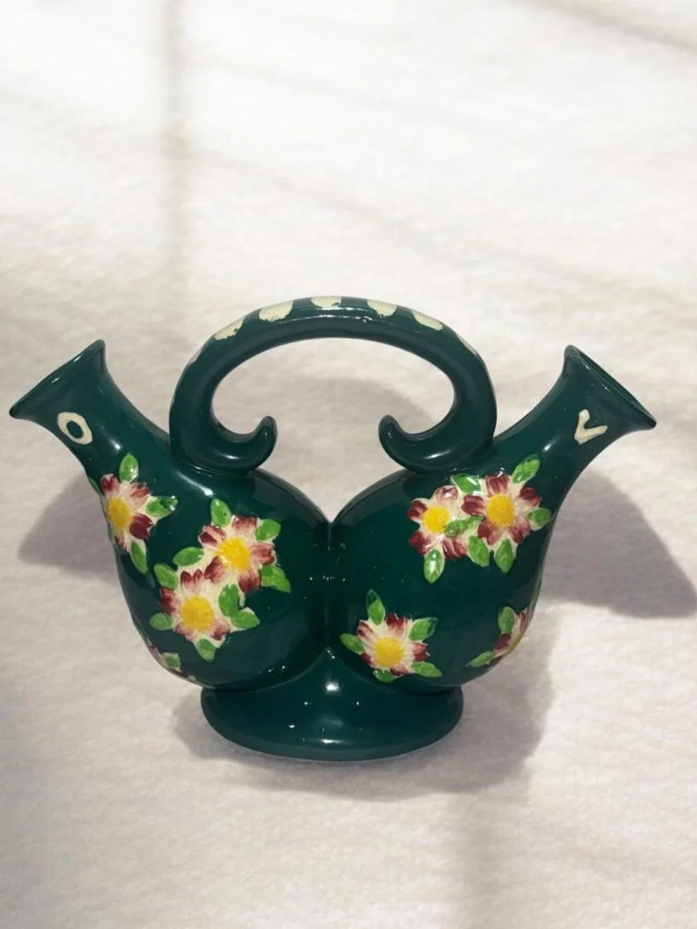 Hand-Painted Ceramic Double-Spout Oil & Vinegar Cruet With Floral Design